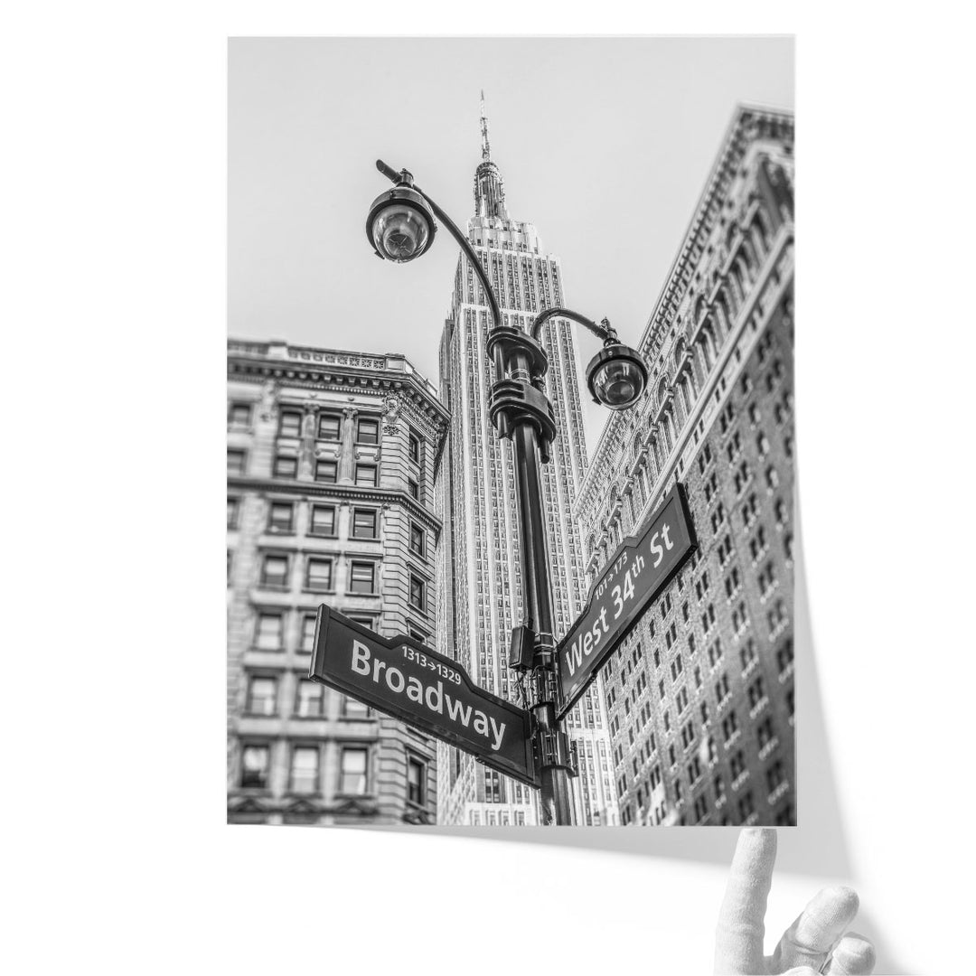 Street Lamp And Signs With Empire State Building, New York 2 Black And White - Canvas Print Wall Art