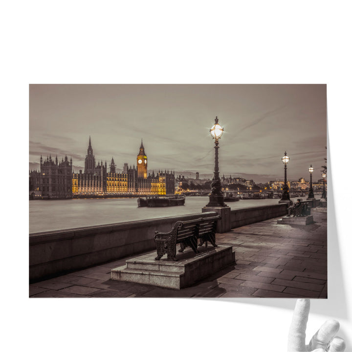 Benches By The Walkway Next To The River Thames, London - Canvas Print Wall Art