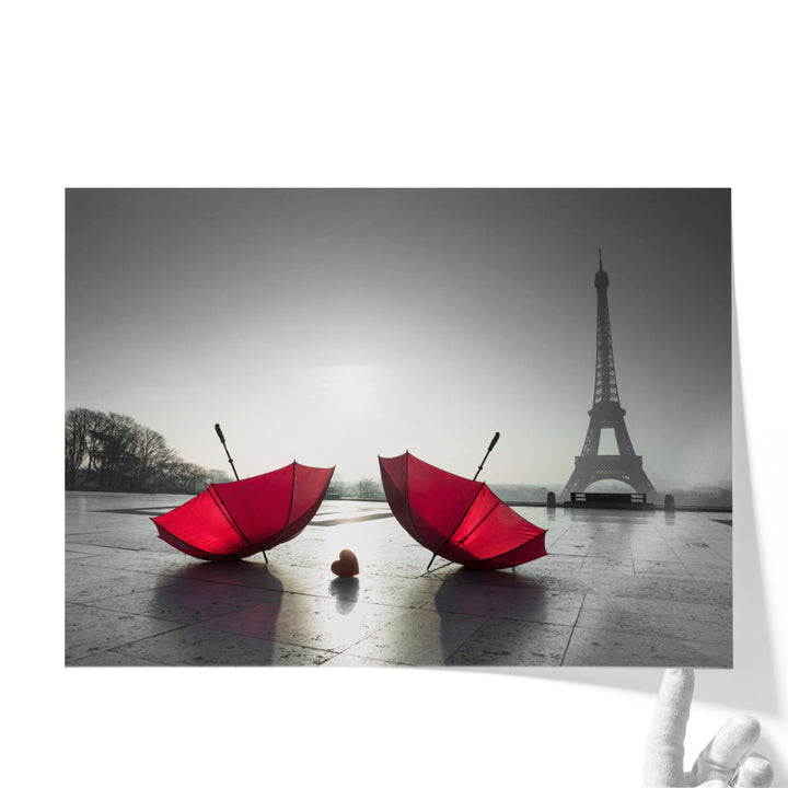 Two Umbrellas next to the Eiffel Tower - Canvas Print Wall Art
