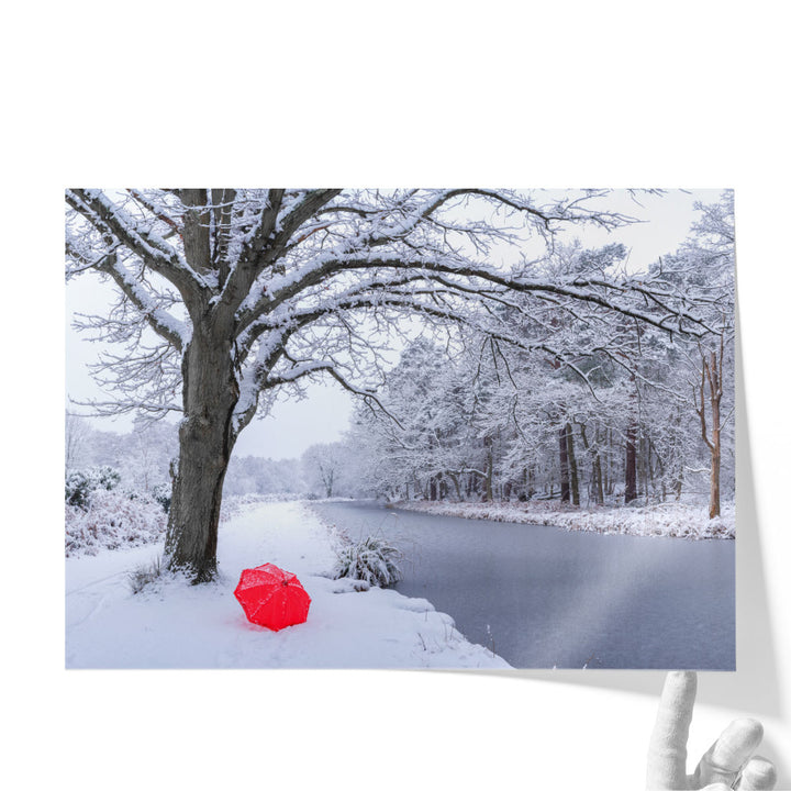 Umbrella by a Canal with Snow Covered Trees - Canvas Print Wall Art