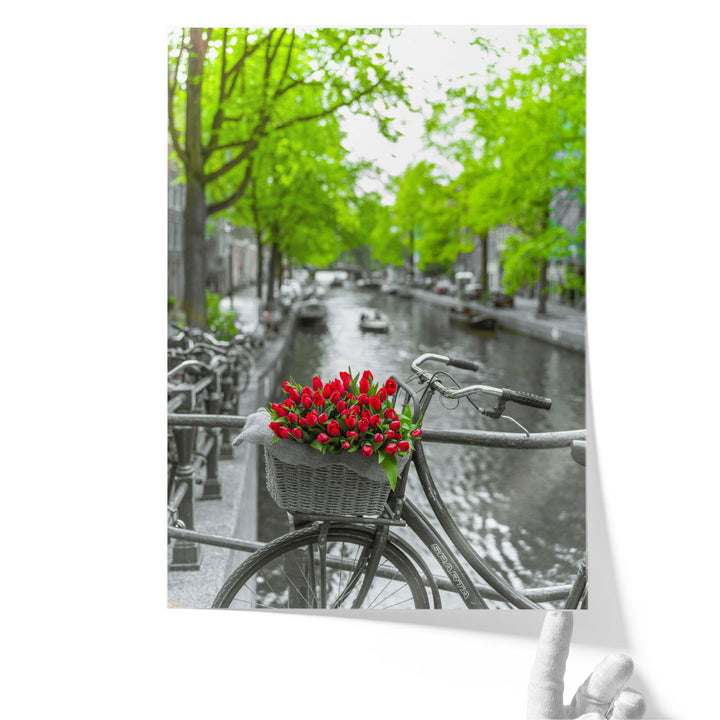 Bicycle With Bunch Of Flowers By The Canal, Amsterdam - Canvas Print Wall Art