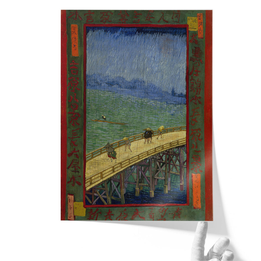 Rainy Japanese painting illustrating tranquil riverside umbrella scene