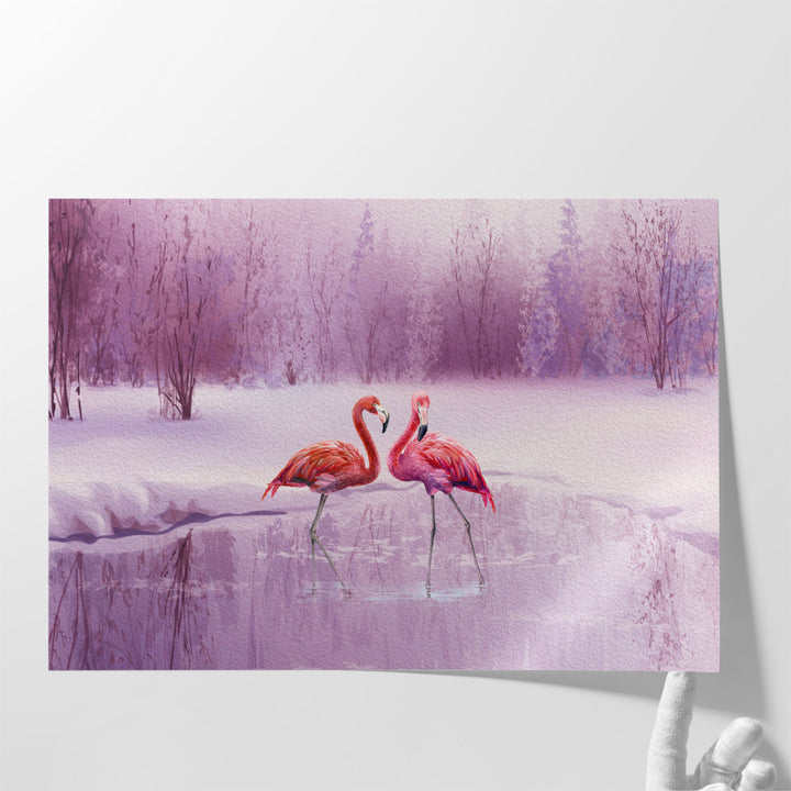 A Pair of Pink Flamingos in a Pond - Canvas Print Wall Art