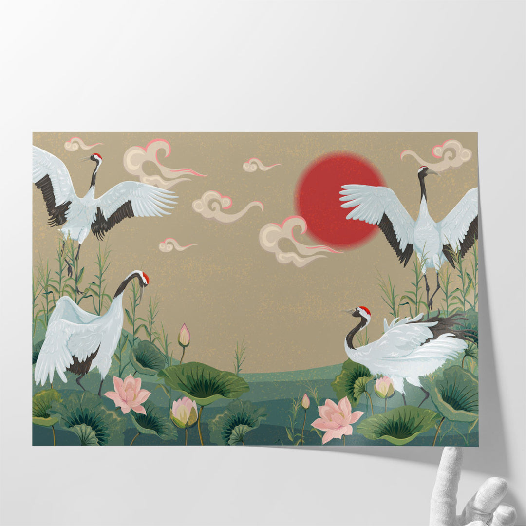 Japanese Style Art Painting, Cranes at Sunset - Canvas Print Wall Art