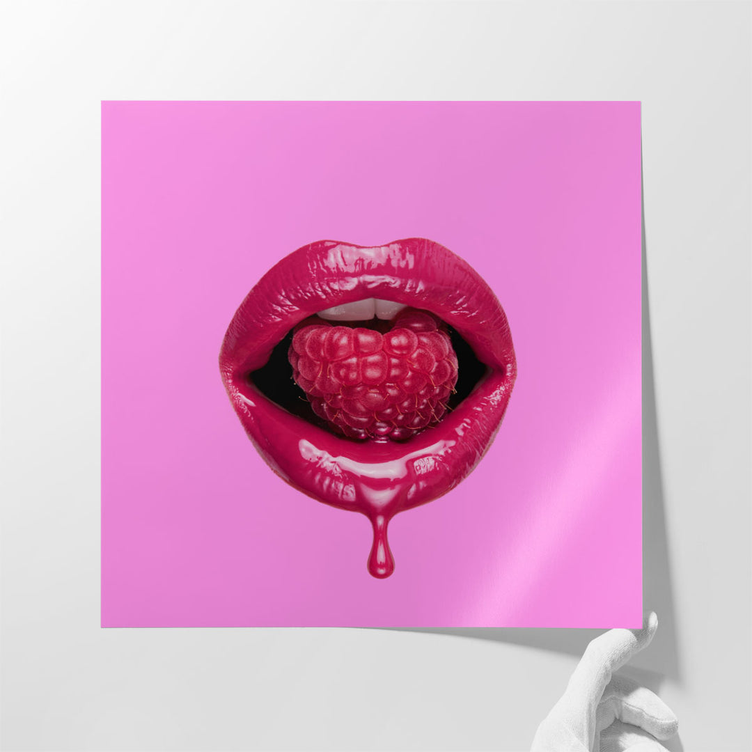 Red Dripping Lips Biting Strawberry - Canvas Print Wall Art