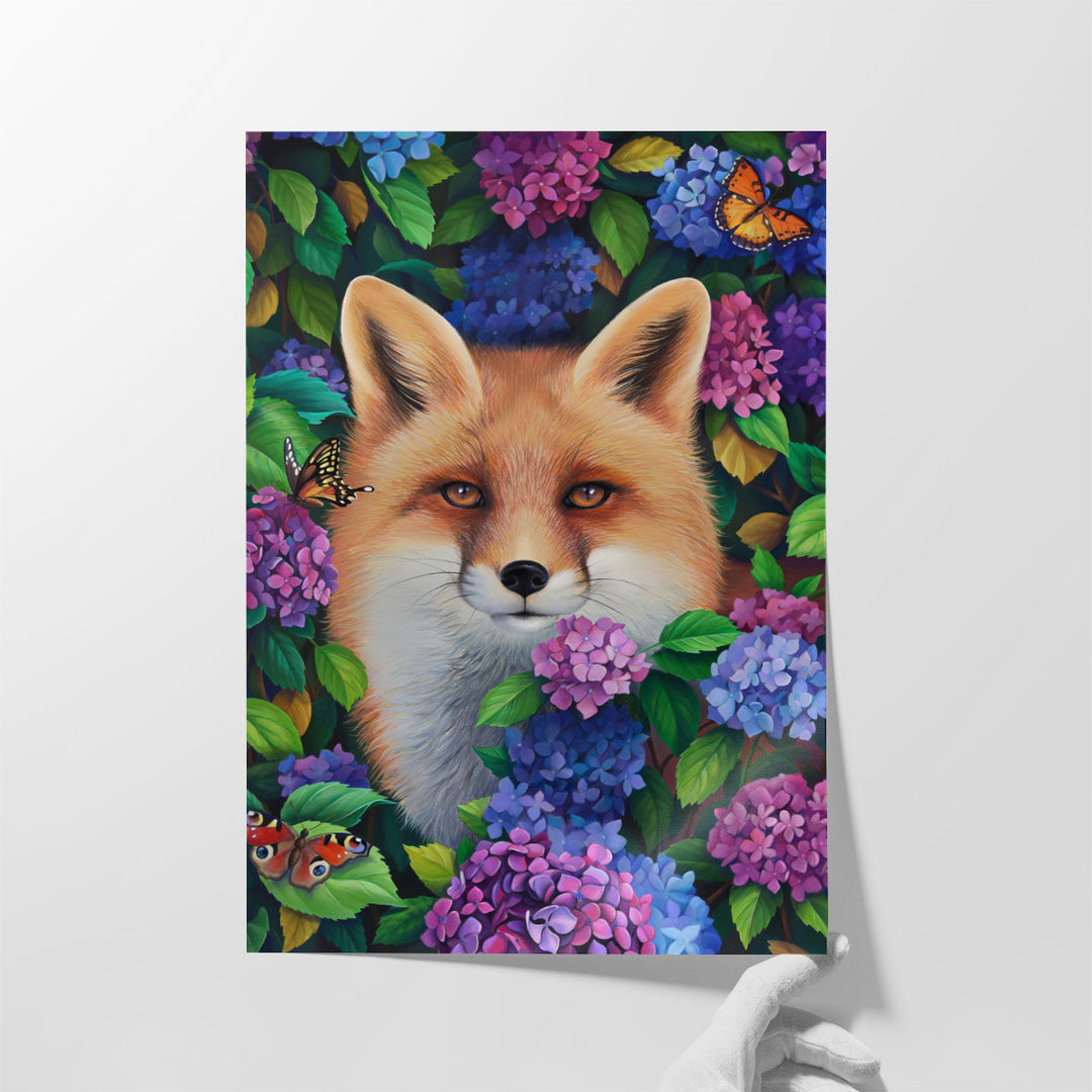 A Cute Fox In Hydrangea Flowers - Canvas Print Wall Art