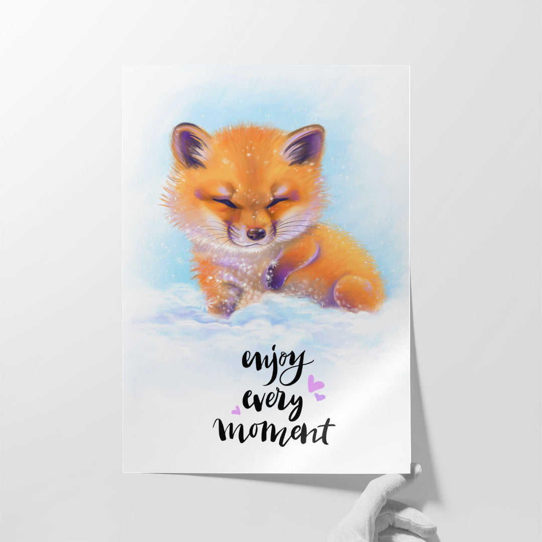 Enjoy Every Moment - Cute Baby Fox in the Snow - Canvas Print Wall Art