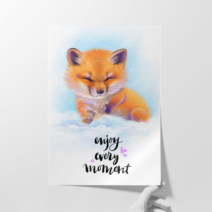 Enjoy Every Moment - Cute Baby Fox in the Snow - Canvas Print Wall Art