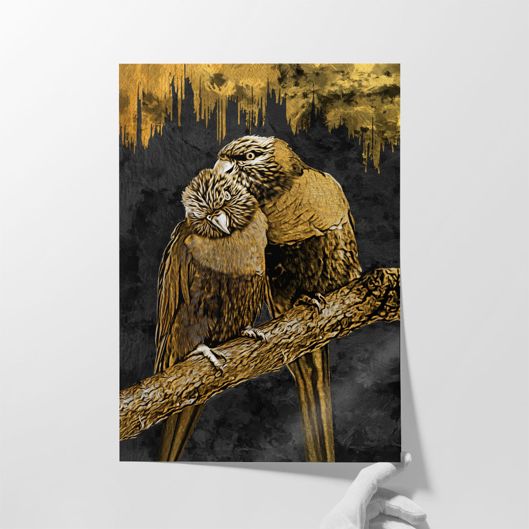 Gold Abstract of Two Parrots in Love - Canvas Print Wall Art