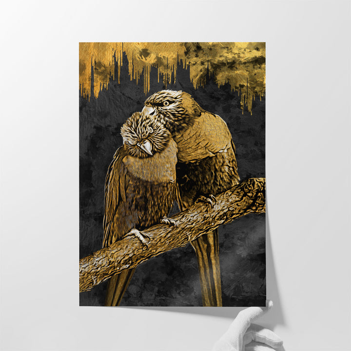Gold Abstract of Two Parrots in Love - Canvas Print Wall Art