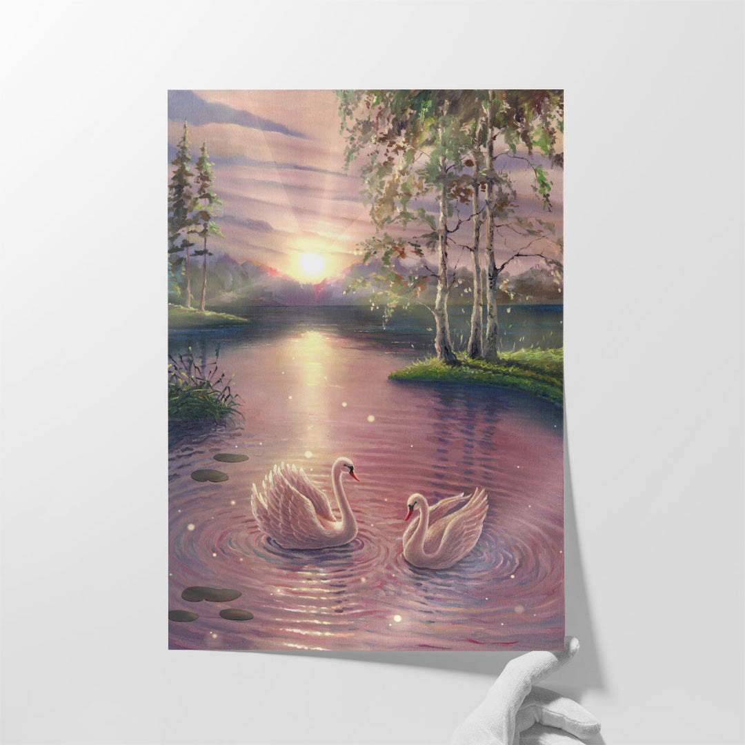Magical Lake With Swans at Sunrise - Canvas Print Wall Art