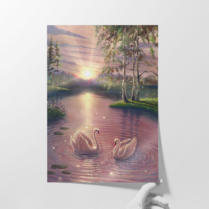 Magical Lake With Swans at Sunrise - Canvas Print Wall Art