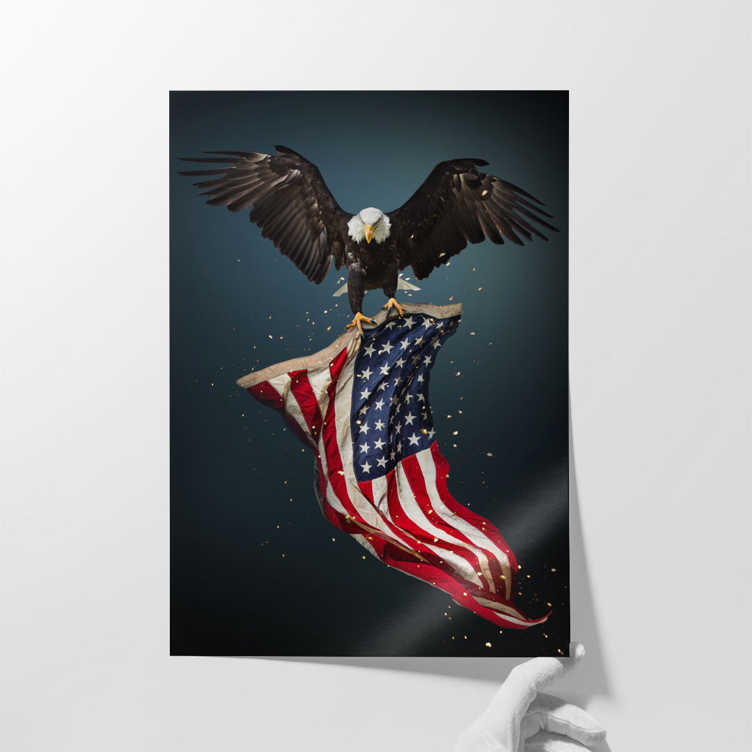 North American Eagle Flying With American Flag - Canvas Print Wall Art
