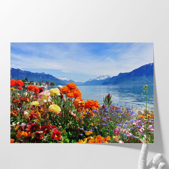 Colorful Flowers in Bloom Near Lakeshore - Canvas Print Wall Art