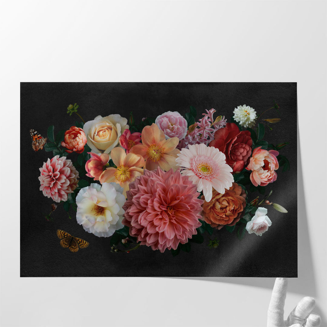 Beautiful Colorful Peonies, Roses, Leaves and Butterfly - Canvas Print Wall Art