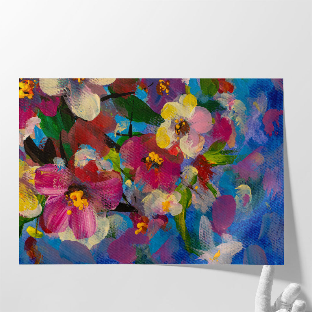 Colorful Oil Painting of Pink, Yellow and Red Flowers - Canvas Print Wall Art