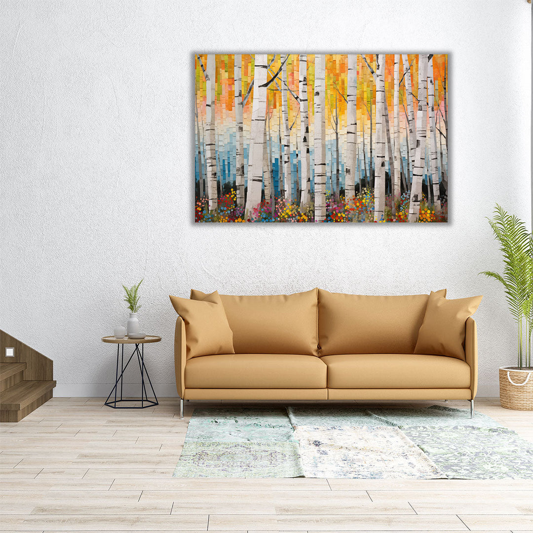 Large tree-themed artwork in abstract tones