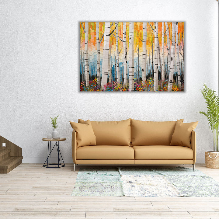 Large tree-themed artwork in abstract tones