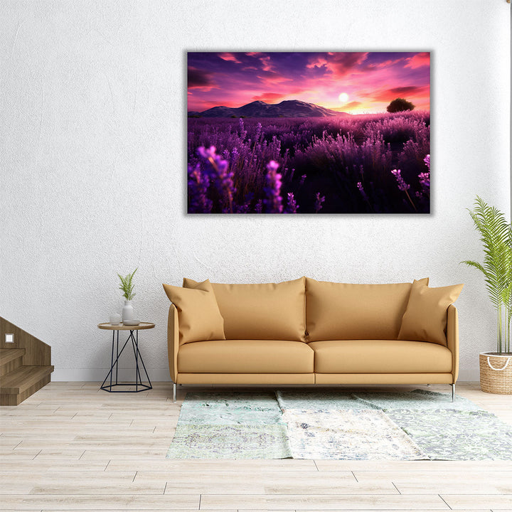 30x20 lavender and mountain photo print in warm light