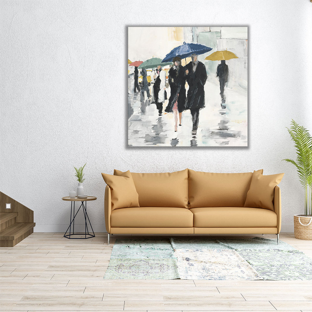 40x40 Wall Art – large framed city scene with rain and figures