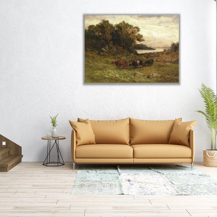 Five Cows Grazing with Trees and River in Background - Canvas Print Wall Art