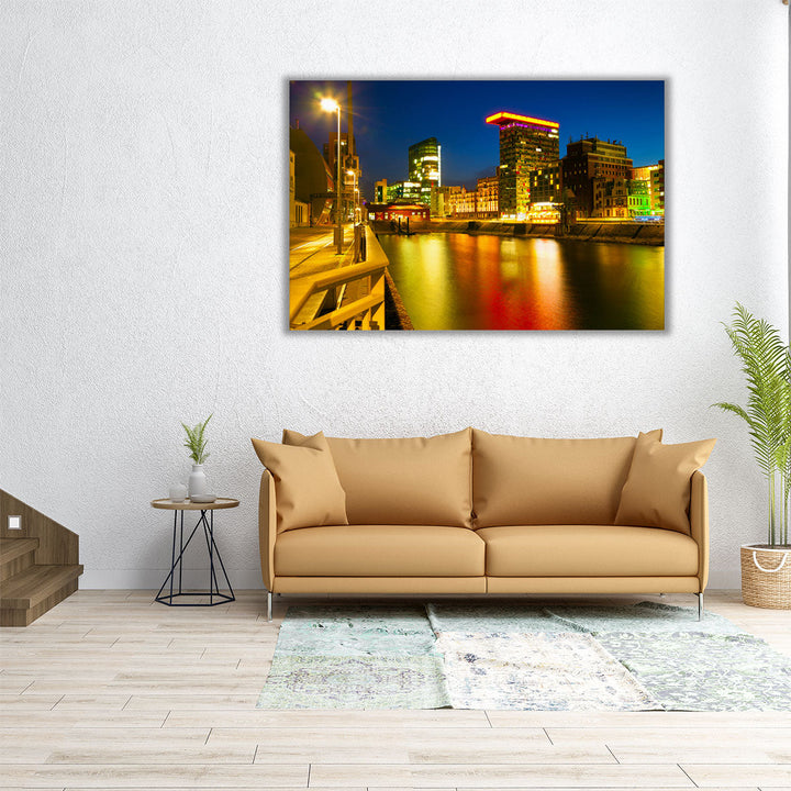 Colorful Night Scene of Rhein River in Dusseldorf, Germany - Canvas Print Wall Art