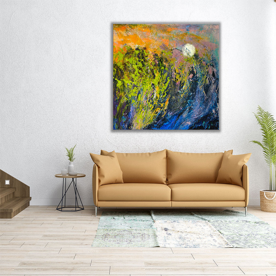 40x40 canvas of moon and abstract landscape in bold colors