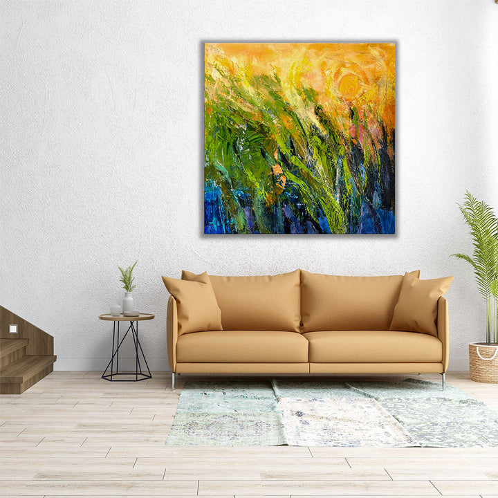 40x40 canvas with abstract landscape in blue, green, and yellow