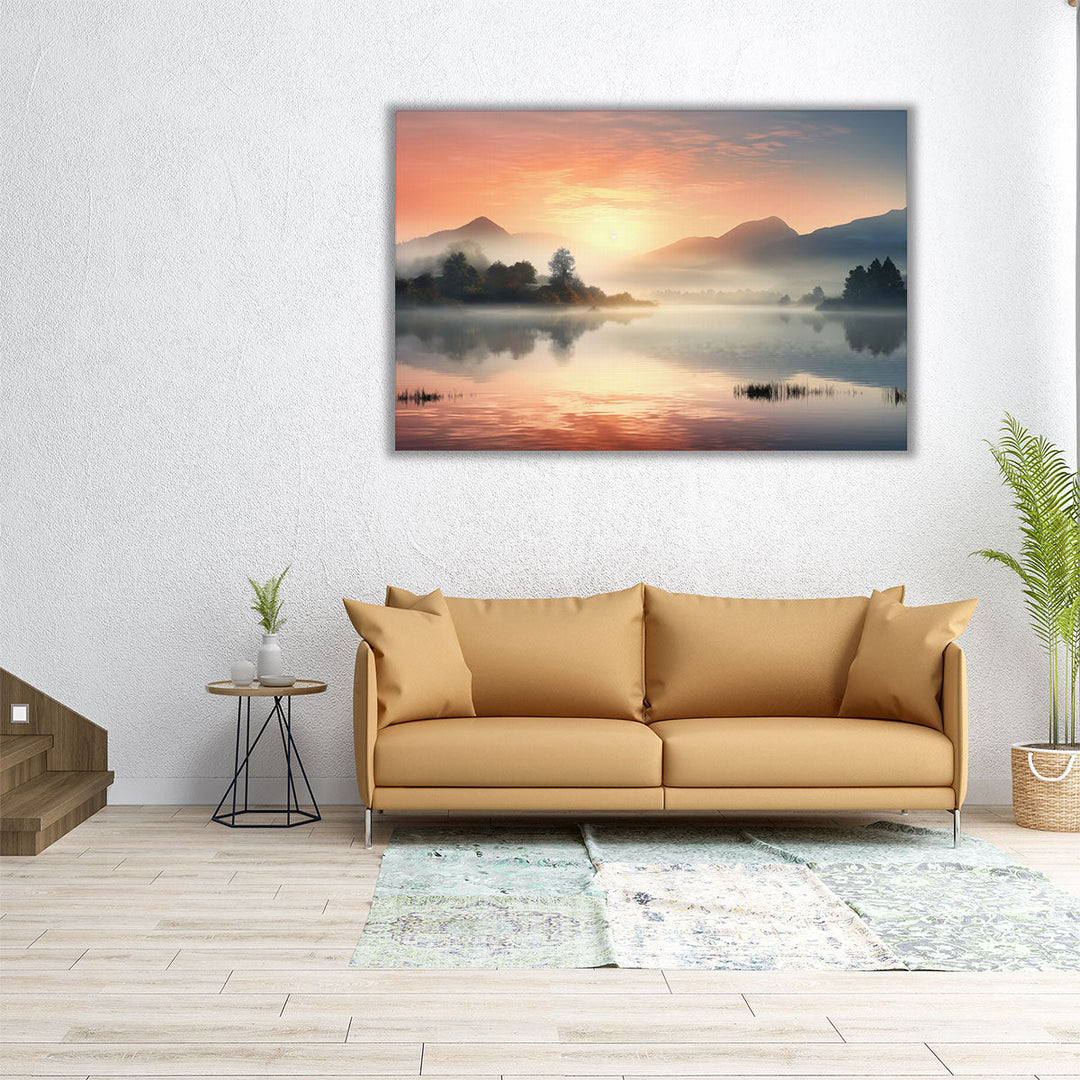 Big wall art foggy lake and sunrise