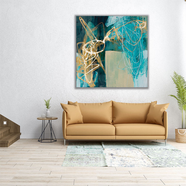 wrapped canvas blue abstract painting with marble effect in living room