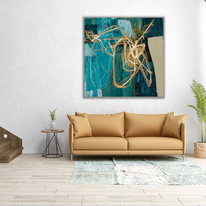 wrapped canvas blue abstract painting with marble design