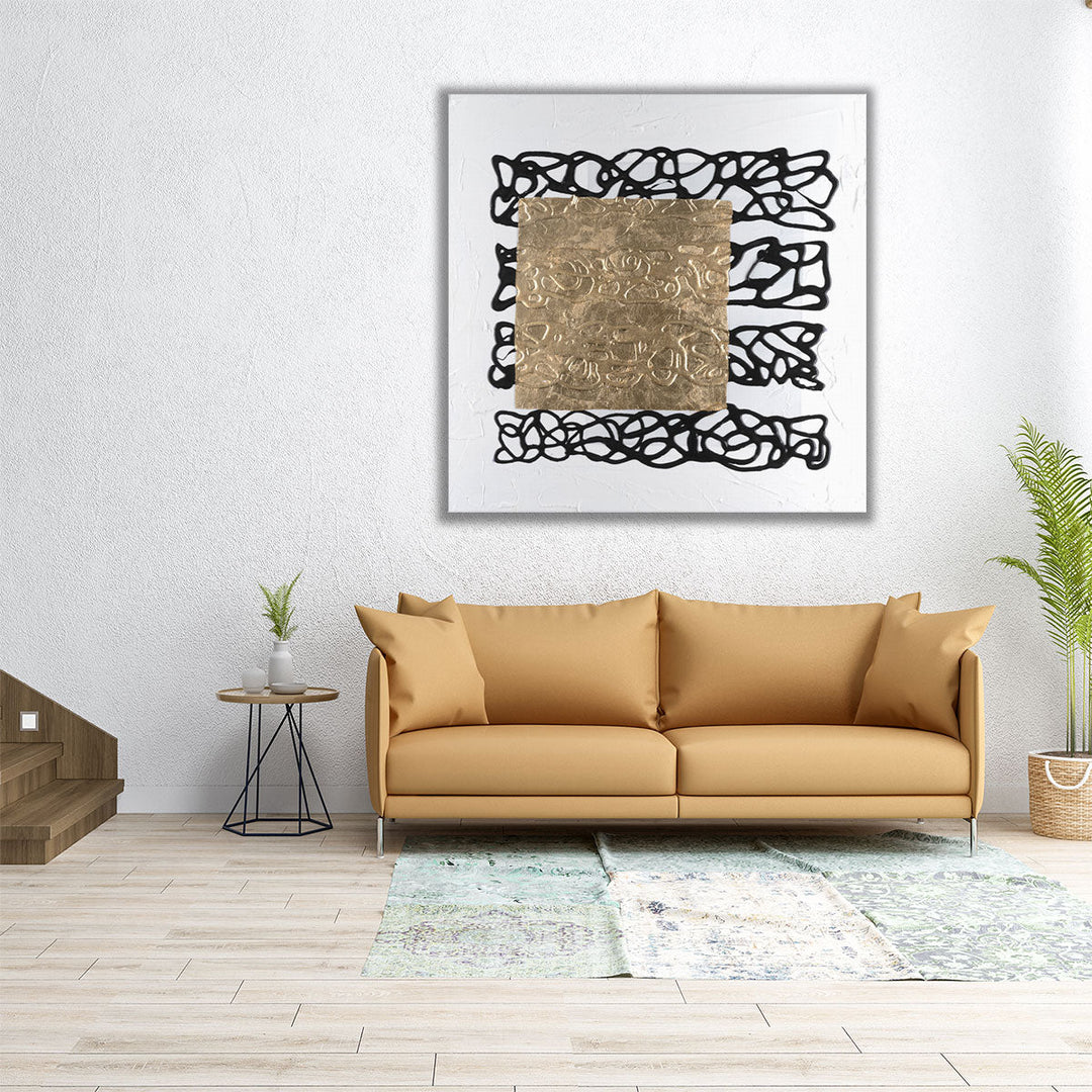 Square canvas with gold and black composition