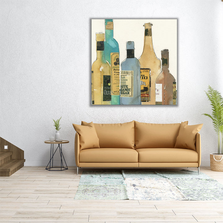 large kitchen art – blue and neutral bottles