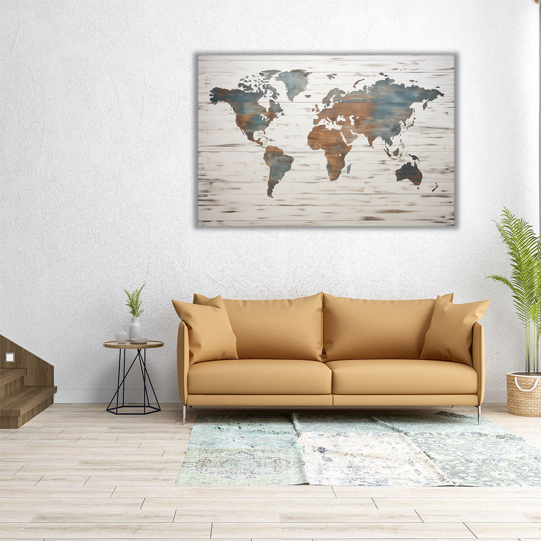 Earthy World Map on Wood - Canvas Print Wall Art