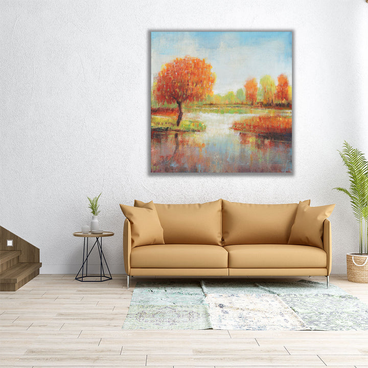 30x30 orange tree and lake wall art with natural tones
