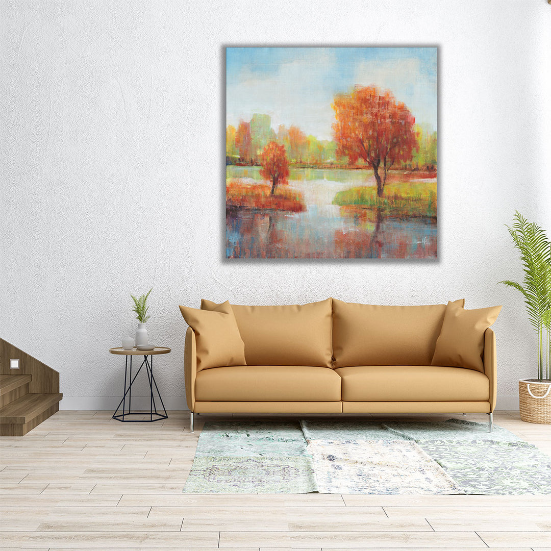 30x30 autumn tree and lake wall art with soft tones