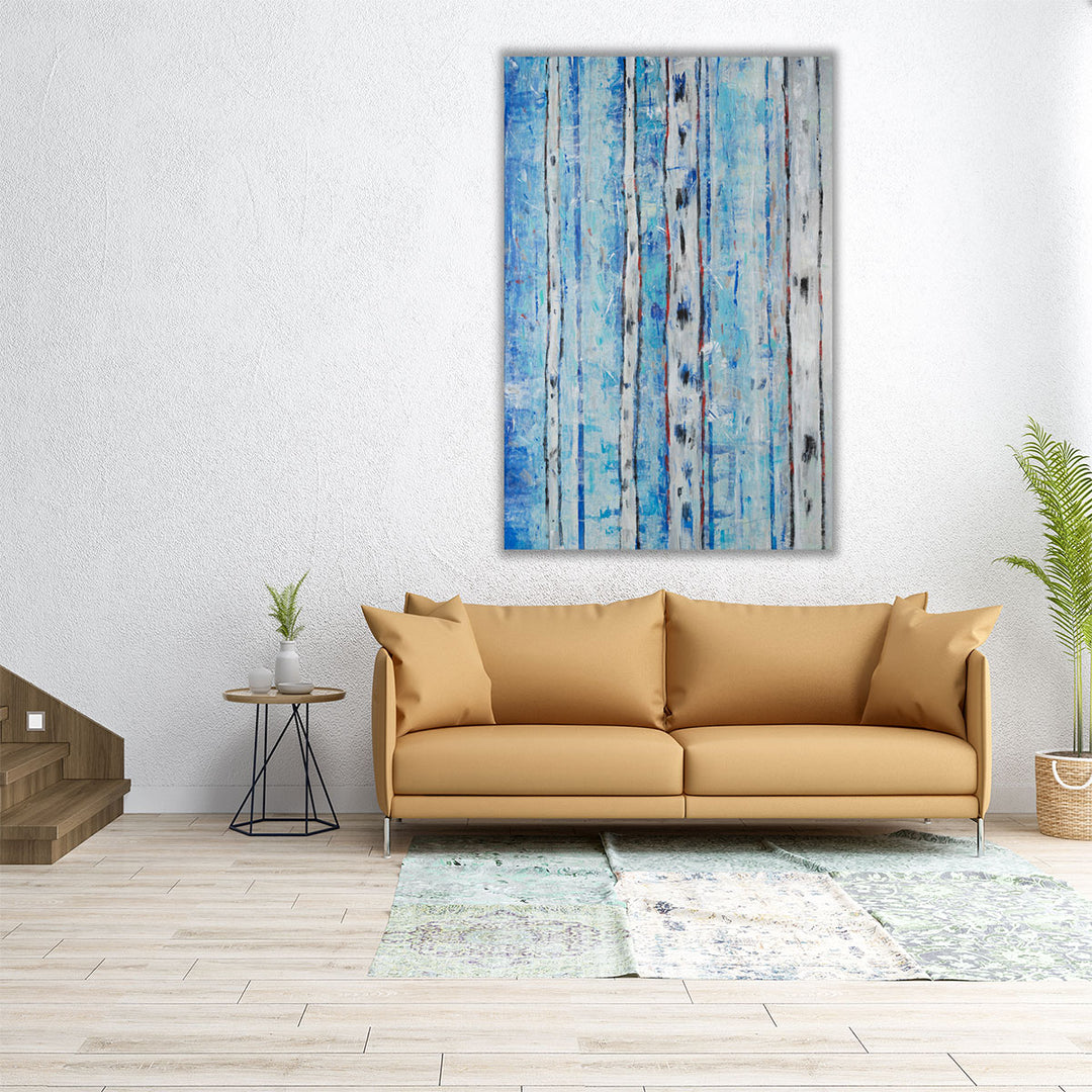 Framed abstract art print in blue palette
