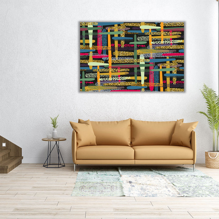 Large abstract canvas featuring geometric accents
