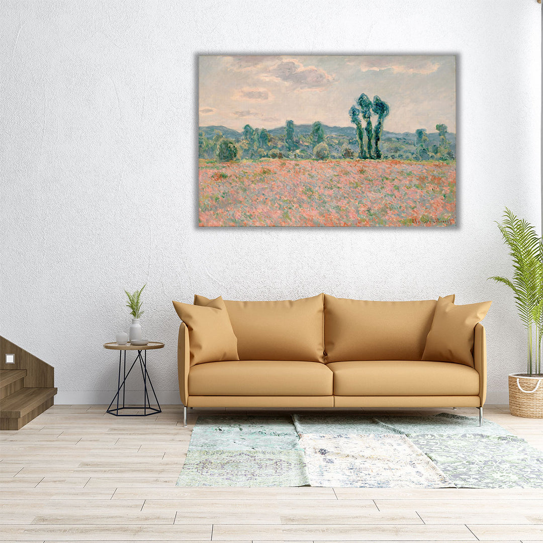 60x40 canvas of poppies and trees in green and neutral tones