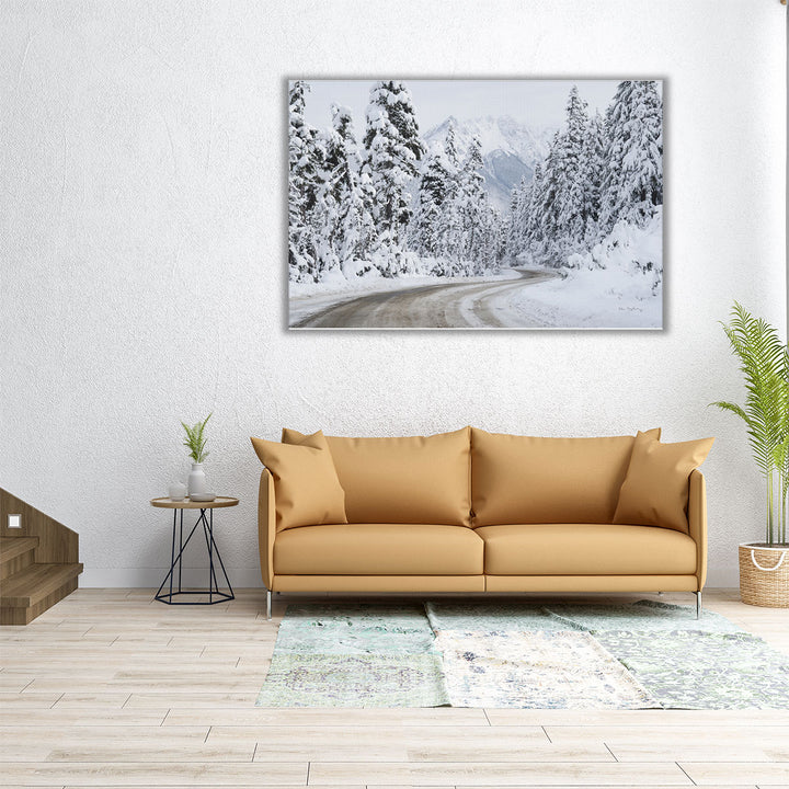 60x40 canvas of snowy trees and mountain in black and white