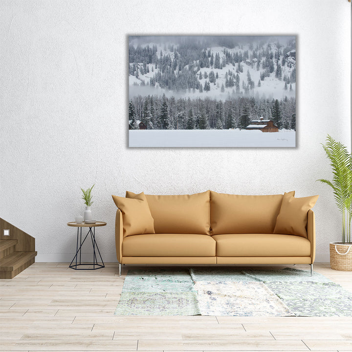 60x40 canvas featuring barn, trees, and snow