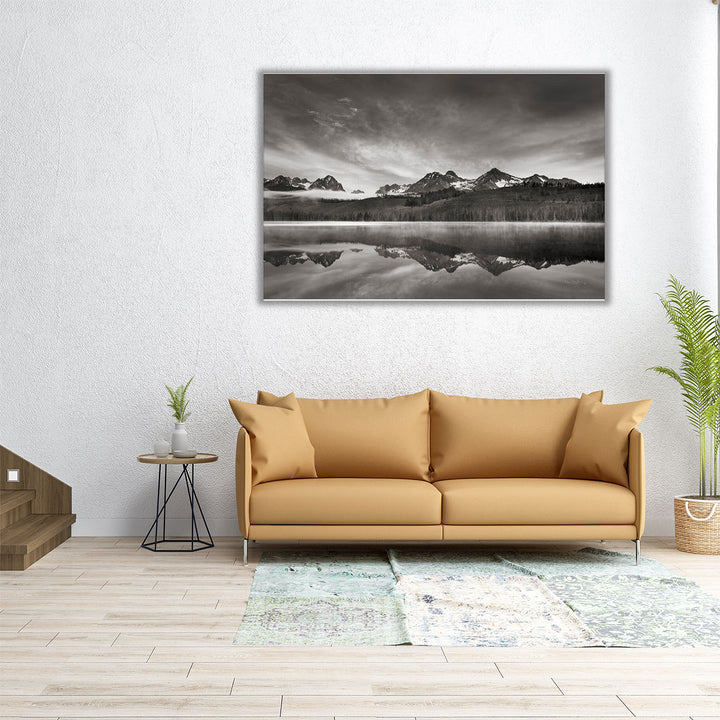 30x20 black and white lake print, serene tones