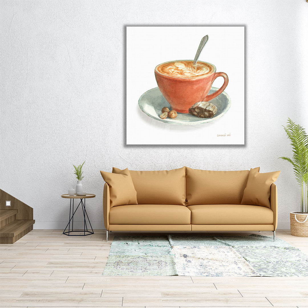 large coffee wall art – red and white accents
