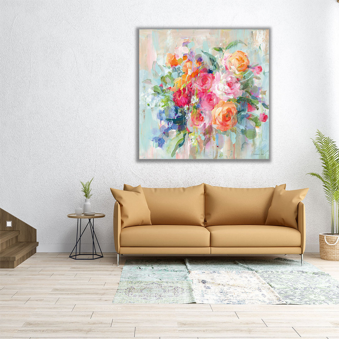 Square floral painting with light tones