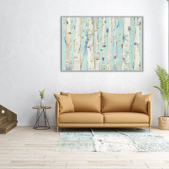 Horizontal abstract tree painting in white and blue