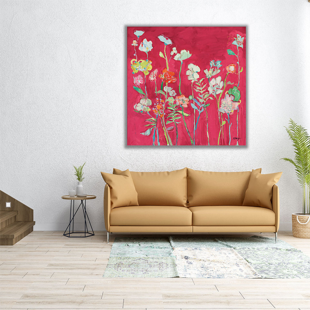 Square pink abstract canvas with flowers
