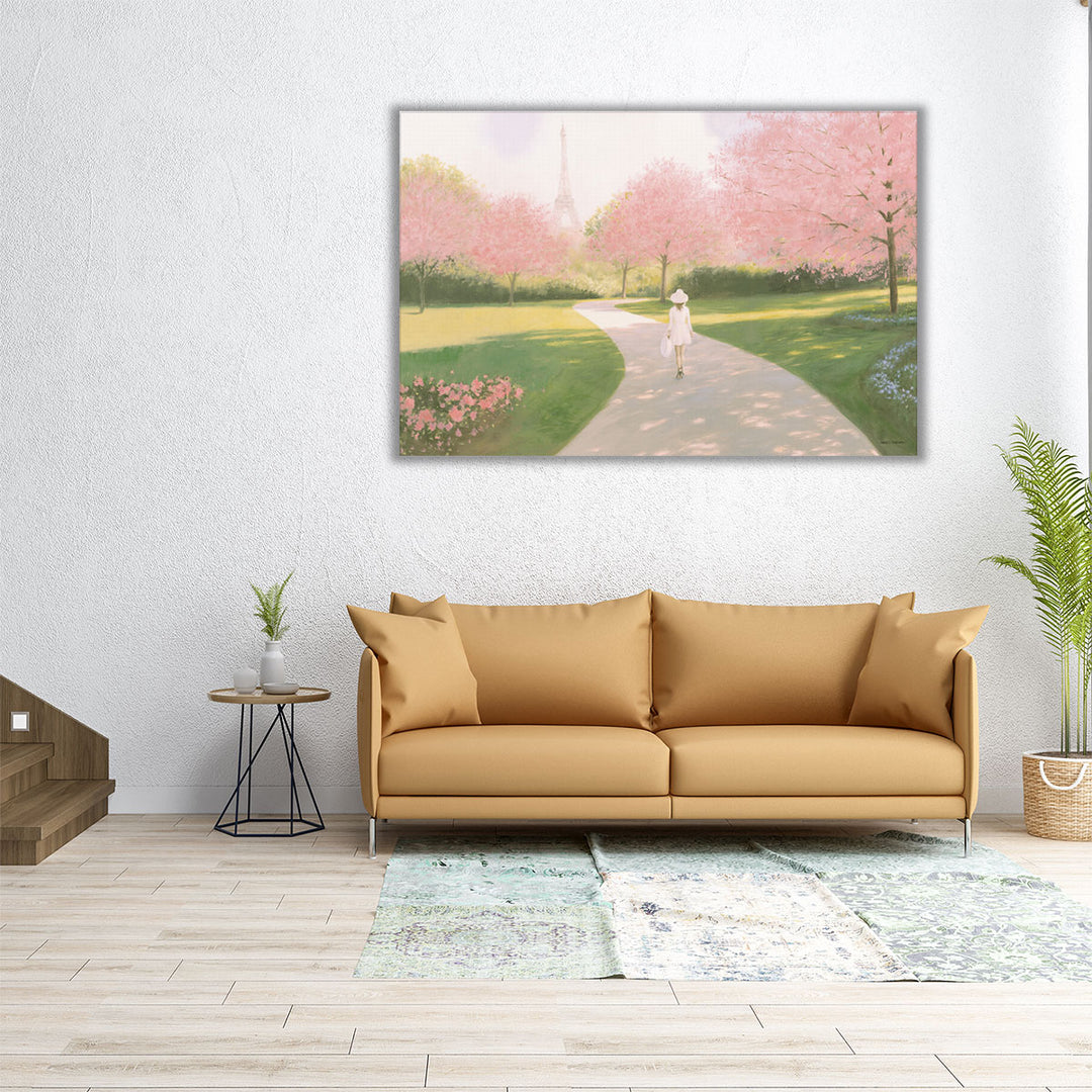 60x40 canvas of woman and blossoming tree in serene landscape
