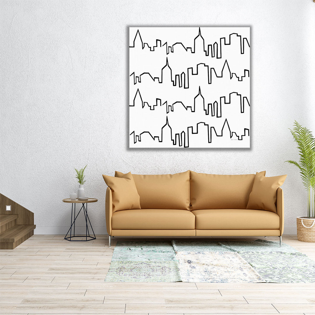 Square artwork featuring skyline composition