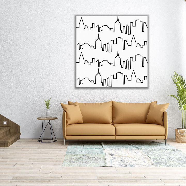 Square artwork featuring skyline composition
