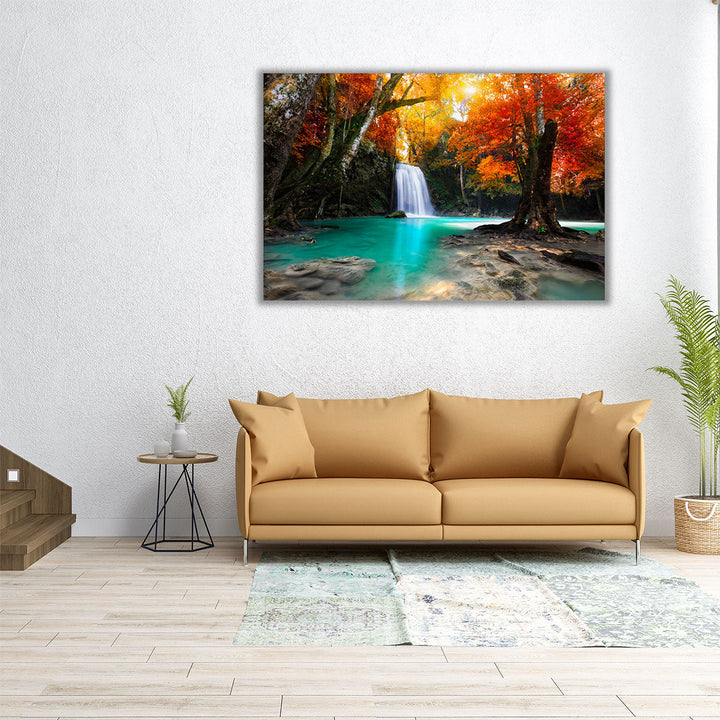 Deep Forest Waterfall During Autumn - Canvas Print Wall Art